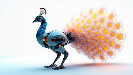 A robotic peacock stands elegantly with a vibrant, glowing tail. Its intricate design highlights a blend of nature and technology, set against a plain background, emphasizing its features.の素材