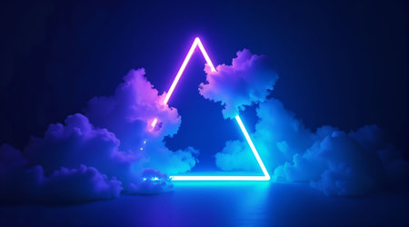 Neon triangle surrounded by vibrant clouds in a dark setting creates a surreal atmosphereの素材