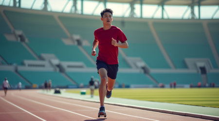 Young athlete runs on the track at a stadium during a sunny afternoon while preparing for a competitionの素材