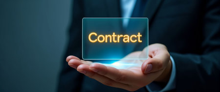 A person holds a holographic display showing the word Contract in bright letters. This setup signifies important business discussions and agreements.の素材