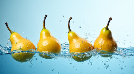 Four bright yellow pears are immersed in water, creating splashes as they float. The light blue backdrop enhances the vibrant colors and freshness of the fruit.の素材