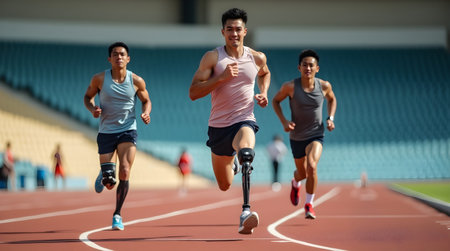 Three athletes compete in a thrilling sprint on an outdoor track. One runner, equipped with a prosthetic leg, displays remarkable speed and determination under bright sunlight.の素材