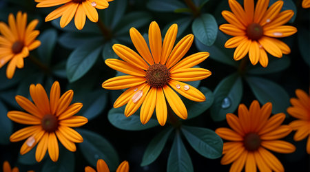 Bright orange daisies with intricate petals create a stunning display amid rich green leaves. Dewdrops glisten on the flowers, highlighting their beauty in the morning light.の素材