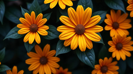 Clusters of vibrant yellow flowers with dark centers are surrounded by rich green foliage, illuminated by soft morning light in a garden setting.の素材