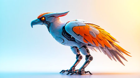 A detailed robotic bird stands on a surface, showing its impressive mechanical design. Its glowing eyes and vibrant feathers create a striking visual contrast against the softly colored background.の素材
