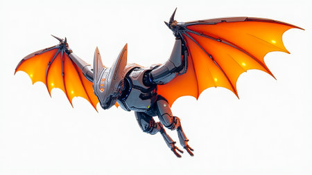 A sleek robotic bat soars through the air with impressive orange wings. Its metallic body glimmers, showcasing advanced technology and design while highlighting creativity in robotics.の素材