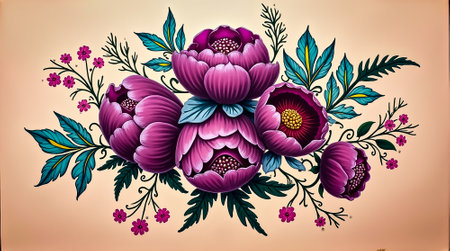 A stunning arrangement showcases large, vibrant peonies with detailed petals and leaves. The artwork combines rich colors with delicate floral patterns, creating an eye-catching display.の素材