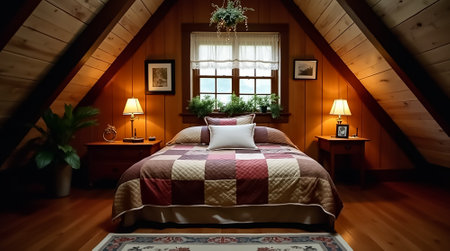 This inviting bedroom features wooden walls and a peaked ceiling. A quilted bedspread, plants, and lamps create a warm atmosphere, perfect for relaxation in a cabin retreat.の素材
