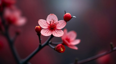 Cherry blossom flowers exhibit their vibrant pink colors in spring as raindrops adorn their delicate petals. The background blurs, enhancing the beauty of the blossoms.の素材