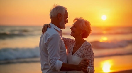 An elderly couple dances joyfully on a beach as the sun sets over the horizon. Their smiles and love radiate in the warm glow of the evening.の素材