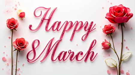 Colorful decorations featuring vibrant pink roses and a cheerful message express joy for the arrival of March, symbolizing the transition into spring.の素材