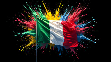 The iconic Italian flag waves proudly amidst a vibrant burst of colorful splashes, representing the rich heritage and lively spirit of Italy in a striking visual display.の素材