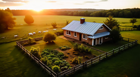 A peaceful farmhouse sits on a sprawling green field as the sun sets in the background. Sheep graze nearby, creating a picturesque rural landscape in golden light.の素材