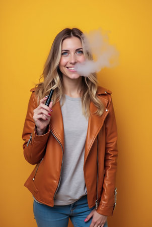 A young woman wearing a brown leather jacket smiles while vaping, releasing a cloud of vapor. The vibrant yellow background enhances the cheerful atmosphere of the moment.の素材