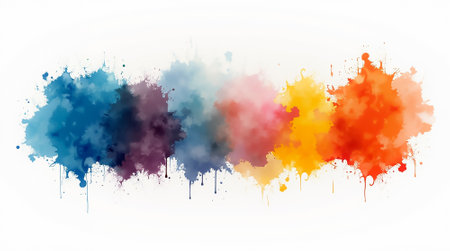 A series of vibrant paint splashes in shades of blue, purple, yellow, and orange form an abstract design. The artwork showcases fluid motion and color blending in a contemporary environment.の素材