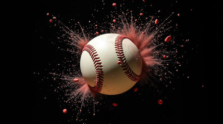 A baseball is caught in a moment of explosion, surrounded by vibrant powder. The dramatic contrast emphasizes the energy of the impact. This visual showcases motion and color in a striking way.の素材