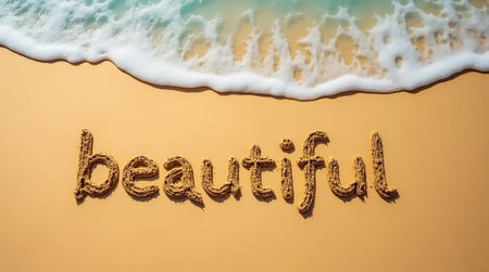 Warm sand on a beach features the word beautiful intricately crafted and surrounded by gentle waves lapping at the shore under bright sunlight.の素材