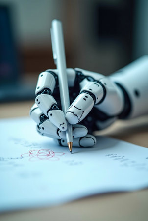 A robotic hand grips a pen, skillfully writing on paper. The setting is a contemporary workspace that highlights technology and innovation.の素材