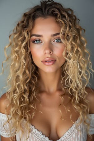 A woman with long, curly blonde hair and striking blue eyes stands against a neutral background. She wears an off-shoulder top, showing her natural beauty and soft features.の素材