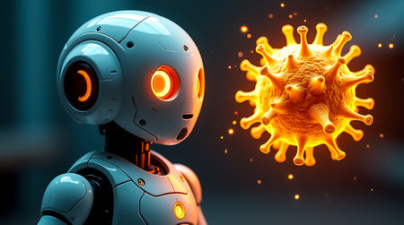 A humanoid robot displays curiosity towards a glowing virus model in a high-tech laboratory. The ambiance is illuminated with bluish tones, enhancing the futuristic atmosphere.の素材