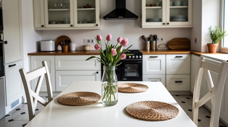 A cozy kitchen features a white table set with woven placemats and a vase of pink tulips at its center. Natural light floods the space, highlighting the clean and modern design.の素材
