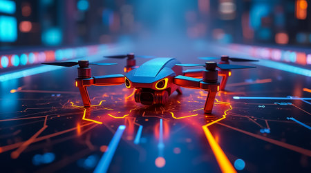 A sleek drone with glowing features hovers above a vibrant surface filled with illuminated circuit patterns. The setting reflects a sci-fi technology vibe.の素材