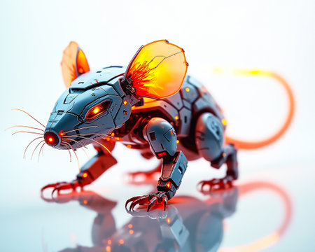 A detailed robotic mouse figure with orange glowing elements stands against a plain background. Its futuristic design highlights the blend of nature and technology with intricate features.の素材