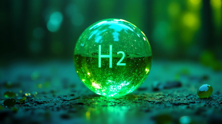 A glowing green sphere with the symbol for hydrogen sits on a textured surface. Soft light filters through a forest, creating a mysterious and enchanting atmosphere.の素材