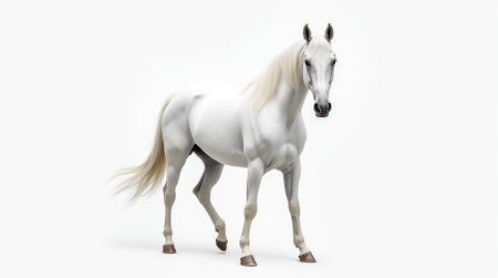 A white horse displays its beauty and elegance while standing with poise. The horse's mane and coat shine under soft lighting, emphasizing its striking features.の素材