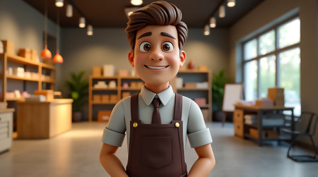 A young man wearing a shirt and suspenders smiles warmly in a bright office filled with shelves and plants. Sunlight streams through the large windows, illuminating the workspace.の素材