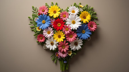 A heart-shaped cluster of various flowers in bright colors including daisies, pinks, and yellows is arranged against a neutral background. This decorative piece enhances any celebration or gesture.の素材