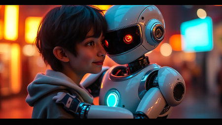 A young boy smiles as he embraces a cheerful robot on a lively city street filled with colorful lights during the evening hours. The scene captures warmth and friendship.の素材
