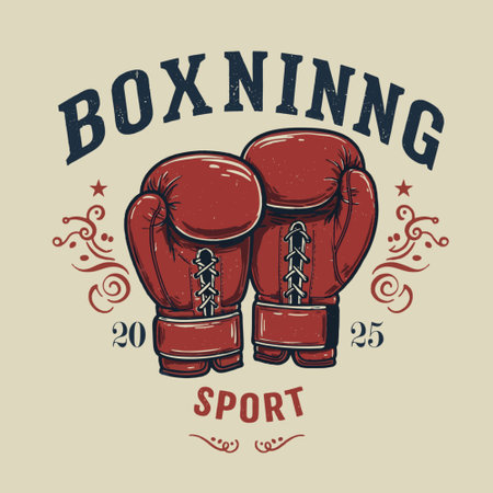A graphic design showcases classic red boxing gloves with a vintage flair, highlighted with decorative elements and the year 2025. Perfect for sports lovers and trainers.のイラスト素材