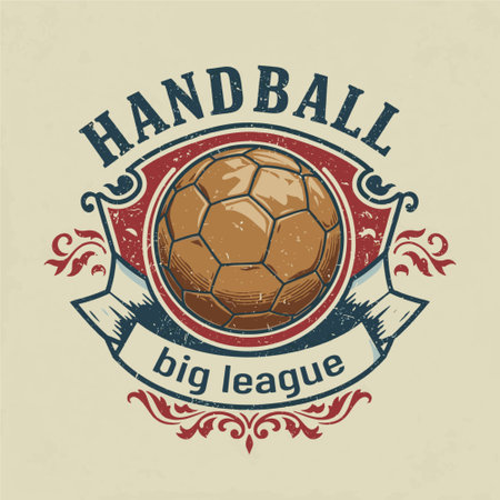 A vibrant handball emblem showcases a classic ball in a distressed style, surrounded by decorative elements, perfect for sports teams and event branding.のイラスト素材
