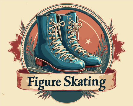 Retro figure skating boots are illustrated with laces and a wooden sole, surrounded by stars and foliage. This design captures the elegance of the sport with a nostalgic touch.のイラスト素材