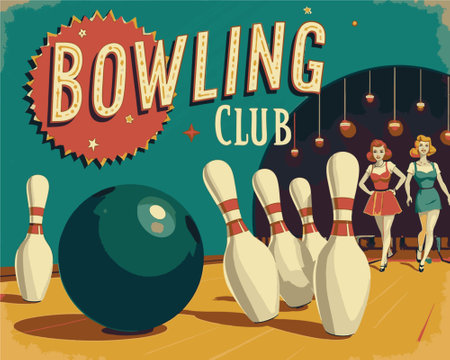 The vibrant interior of a bowling club showcases a colorful sign. Two women in stylish outfits enjoy a fun evening, with a bowling ball and strategically placed pins in view.のイラスト素材