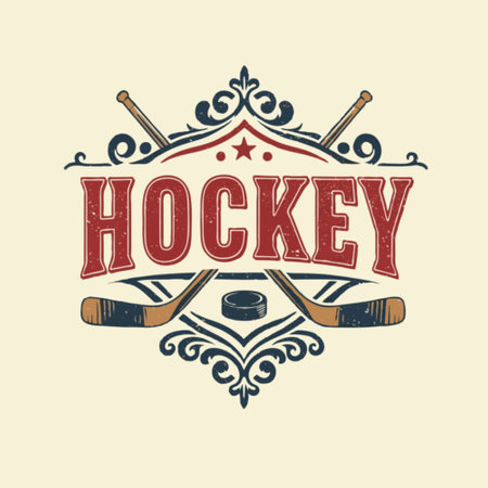 A classic design showcasing the word hockey in bold, vintage style. The background features crossed hockey sticks and a puck, ideal for sports-themed decor.のイラスト素材