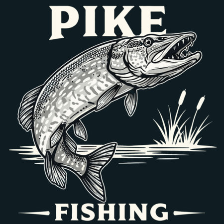 A pike leaps out of the water with vigor as anglers enjoy fishing on a bright summer day, surrounded by lush greenery and calm waters.のイラスト素材