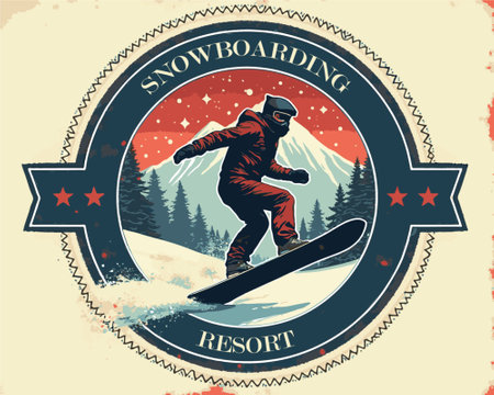 A skilled snowboarder glides down a snowy slope at a resort, surrounded by majestic mountains and clear blue skies. The vibrant winter scene captures the thrill of snowboarding.のイラスト素材