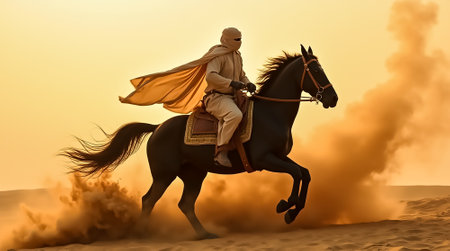 A skilled horseman rides a majestic black horse across the sandy desert during sunset. Dust swirls around them as the warm glow of the sun creates a stunning backdrop.の素材