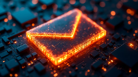 A glowing email icon sits prominently on a dark circuit board, surrounded by illuminated patterns. This visual highlights the intersection of technology and communication in a modern setting.の素材