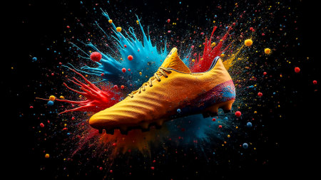 A bright yellow soccer cleat is centrally positioned against a black background, with vibrant blue and red paint splashes radiating outward, creating an energetic and dynamic effect.の素材