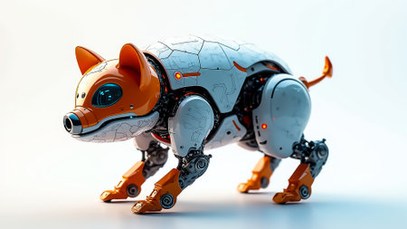 A robotic dog stands in a sleek, modern studio. Its body is composed of metallic parts and illuminated accents, showing advanced technology and an imaginative design.の素材