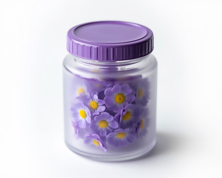 Delicate purple flowers with yellow centers are arranged inside a transparent jar. The soft colors and simple design highlight the beauty of nature in a modern setting.の素材