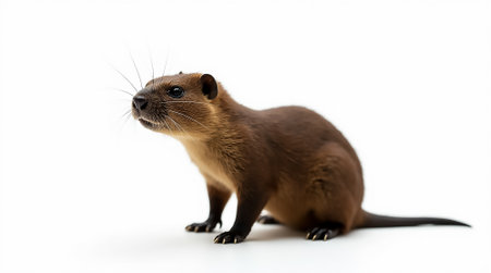 A small otter stands on a clean white surface, gazing curiously into the distance. Its sleek body and whiskers are highlighted in the studio lighting, creating a charming scene.の素材
