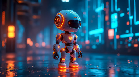 A small, futuristic robot with glowing features stands in a vibrant urban setting. The surroundings are illuminated by blue and orange neon lights reflecting off the wet ground.の素材