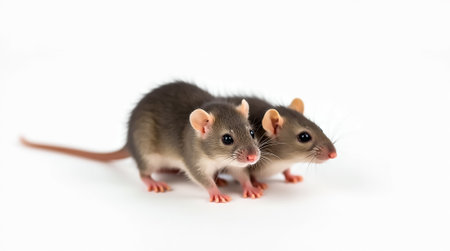 Two small, curious rodents with sleek fur stand close together on a bright, white background, exploring their surroundings in a moment of playful interaction.の素材