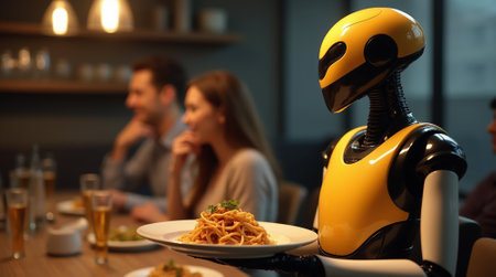 A robot waiter in a sleek design serves a plate of spaghetti to diners at a contemporary restaurant. Guests enjoy their meal in an inviting, warm atmosphere.の素材