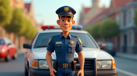 A friendly cartoon police officer smiles while standing in front of his patrol car on a lively city street. The sun shines brightly, highlighting the cheerful atmosphere of the neighborhood.の素材