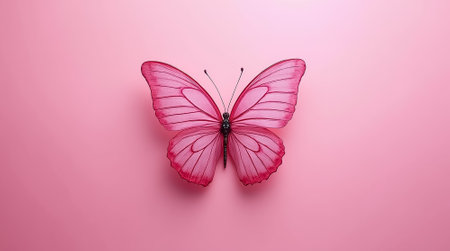 A bright pink butterfly displays its vibrant wings on a smooth pink background. The intricate details of the butterfly highlight its beauty and graceful form, capturing attention and admiration.の素材